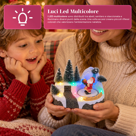 Village de Noël lumineux avec élément rotatif, lumières LED et musique – 3 variantes : sapin, père Noël, enfants – 17x14x15 cm