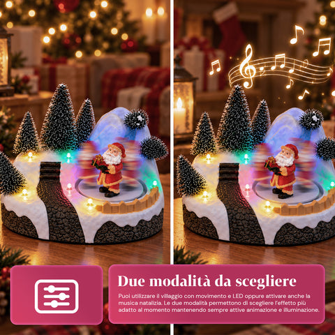 Village de Noël lumineux avec élément rotatif, lumières LED et musique – 3 variantes : sapin, père Noël, enfants – 17x14x15 cm