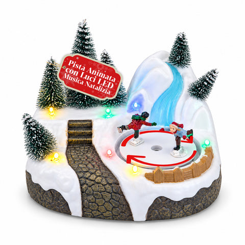 Village de Noël lumineux avec élément rotatif, lumières LED et musique – 3 variantes : sapin, père Noël, enfants – 17x14x15 cm