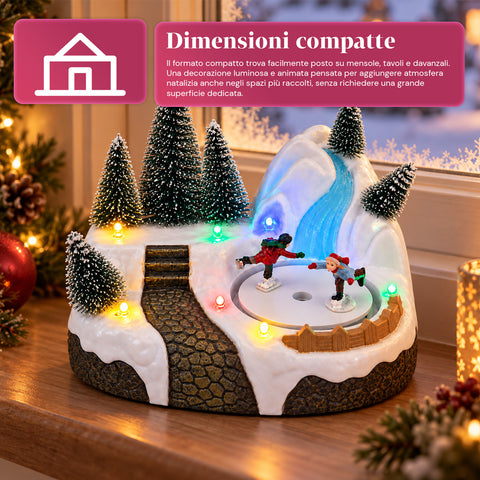 Village de Noël lumineux avec élément rotatif, lumières LED et musique – 3 variantes : sapin, père Noël, enfants – 17x14x15 cm