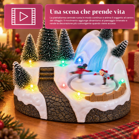 Village de Noël lumineux avec élément rotatif, lumières LED et musique – 3 variantes : sapin, père Noël, enfants – 17x14x15 cm