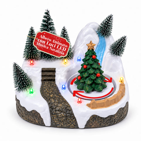 Village de Noël lumineux avec élément rotatif, lumières LED et musique – 3 variantes : sapin, père Noël, enfants – 17x14x15 cm