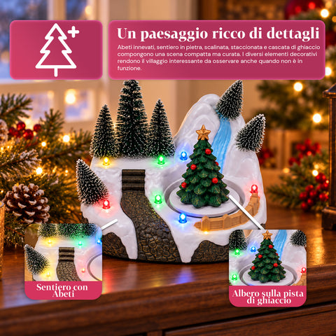 Village de Noël lumineux avec élément rotatif, lumières LED et musique – 3 variantes : sapin, père Noël, enfants – 17x14x15 cm