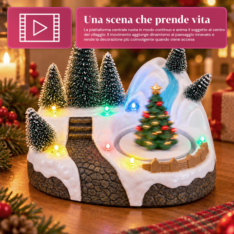 Village de Noël lumineux avec élément rotatif, lumières LED et musique – 3 variantes : sapin, père Noël, enfants – 17x14x15 cm
