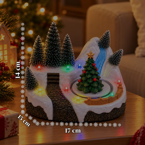 Village de Noël lumineux avec élément rotatif, lumières LED et musique – 3 variantes : sapin, père Noël, enfants – 17x14x15 cm
