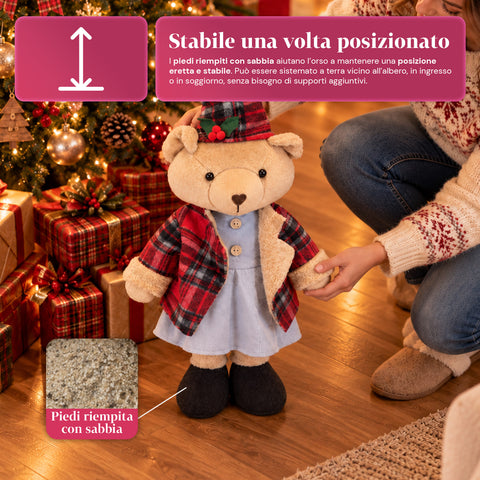 Decoratieve kerstbeer 85 cm, decoratief knuffelbeest met hoed en geruite outfit, stabiele basis, rood of bruin tartan