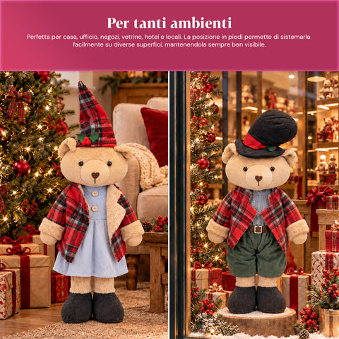 Decoratieve kerstbeer 85 cm, decoratief knuffelbeest met hoed en geruite outfit, stabiele basis, rood of bruin tartan