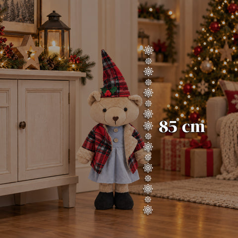 Decoratieve kerstbeer 85 cm, decoratief knuffelbeest met hoed en geruite outfit, stabiele basis, rood of bruin tartan