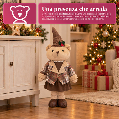 Decoratieve kerstbeer 85 cm, decoratief knuffelbeest met hoed en geruite outfit, stabiele basis, rood of bruin tartan
