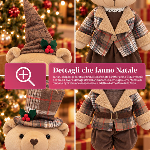 Decoratieve kerstbeer 85 cm, decoratief knuffelbeest met hoed en geruite outfit, stabiele basis, rood of bruin tartan