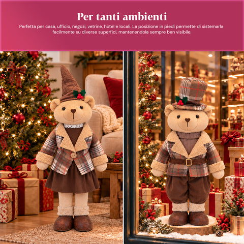 Decoratieve kerstbeer 85 cm, decoratief knuffelbeest met hoed en geruite outfit, stabiele basis, rood of bruin tartan