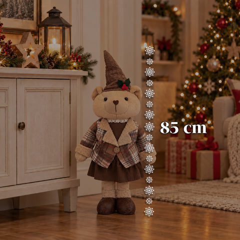 Decoratieve kerstbeer 85 cm, decoratief knuffelbeest met hoed en geruite outfit, stabiele basis, rood of bruin tartan