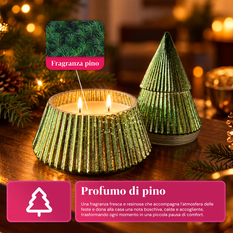Bougie parfumée en verre décoré en forme de sphère ou de sapin – Parfums de pin, de cannelle et de vanille – Contenant réutilisable