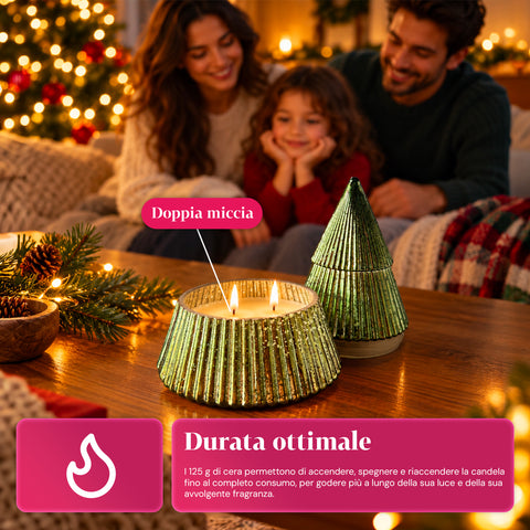 Bougie parfumée en verre décoré en forme de sphère ou de sapin – Parfums de pin, de cannelle et de vanille – Contenant réutilisable