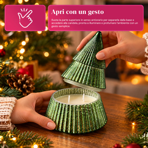 Bougie parfumée en verre décoré en forme de sphère ou de sapin – Parfums de pin, de cannelle et de vanille – Contenant réutilisable