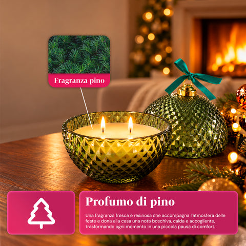 Bougie parfumée en verre décoré en forme de sphère ou de sapin – Parfums de pin, de cannelle et de vanille – Contenant réutilisable