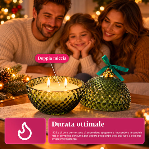 Bougie parfumée en verre décoré en forme de sphère ou de sapin – Parfums de pin, de cannelle et de vanille – Contenant réutilisable