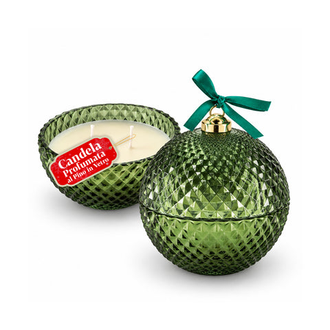 Bougie parfumée en verre décoré en forme de sphère ou de sapin – Parfums de pin, de cannelle et de vanille – Contenant réutilisable