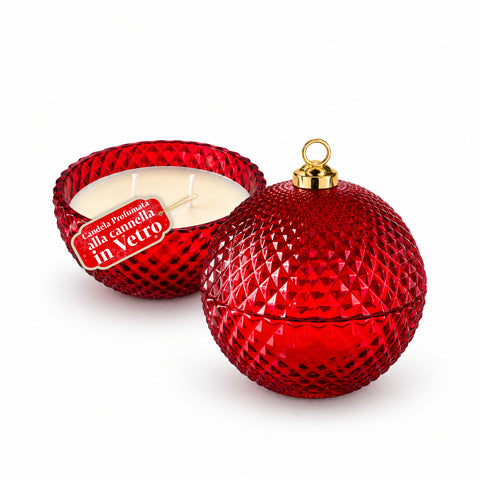 Bougie parfumée en verre décoré en forme de sphère ou de sapin – Parfums de pin, de cannelle et de vanille – Contenant réutilisable