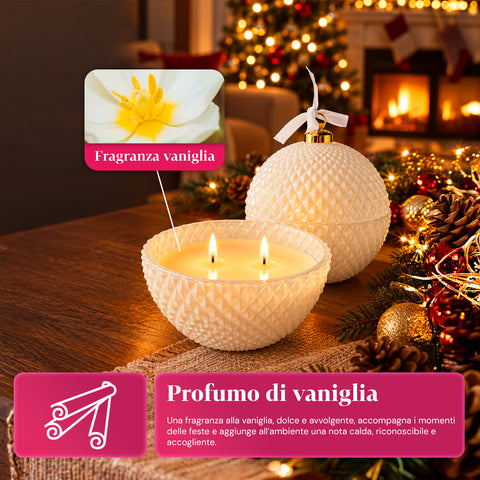 Bougie parfumée en verre décoré en forme de sphère ou de sapin – Parfums de pin, de cannelle et de vanille – Contenant réutilisable