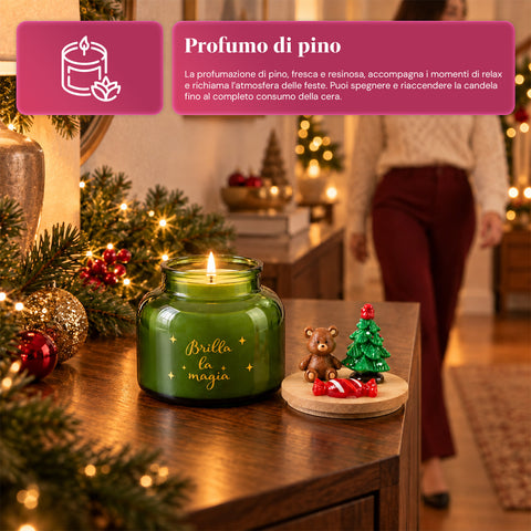 Bougie parfumée dans un pot en verre avec couvercle décoré – Parfums de pin, de cannelle et de vanille – Contenant réutilisable avec inscription