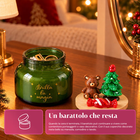 Bougie parfumée dans un pot en verre avec couvercle décoré – Parfums de pin, de cannelle et de vanille – Contenant réutilisable avec inscription