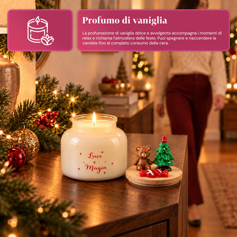 Bougie parfumée dans un pot en verre avec couvercle décoré – Parfums de pin, de cannelle et de vanille – Contenant réutilisable avec inscription
