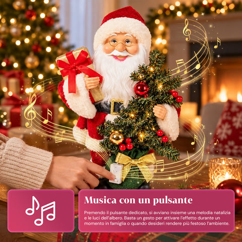 Père Noël avec sapin de 40 cm, figurine musicale de Noël avec lumières clignotantes, piles incluses, boîte mystère
