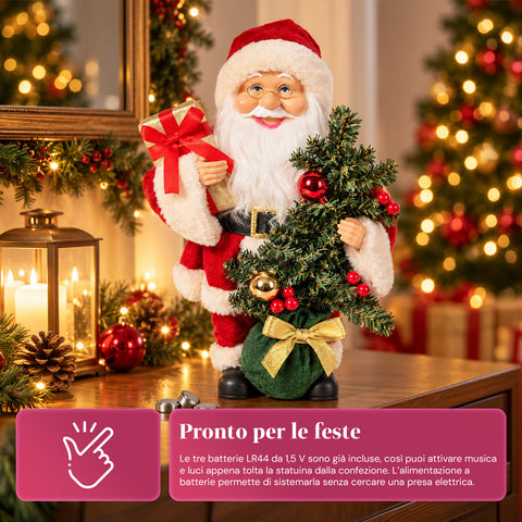 Père Noël avec sapin de 40 cm, figurine musicale de Noël avec lumières clignotantes, piles incluses, boîte mystère