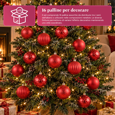 Set van 16 onbreekbare kerstballen van 7 cm - 4 gesorteerde afwerkingen: glanzend, mat en met glitter - decoratie voor boom en huis - rood, goud, zilver