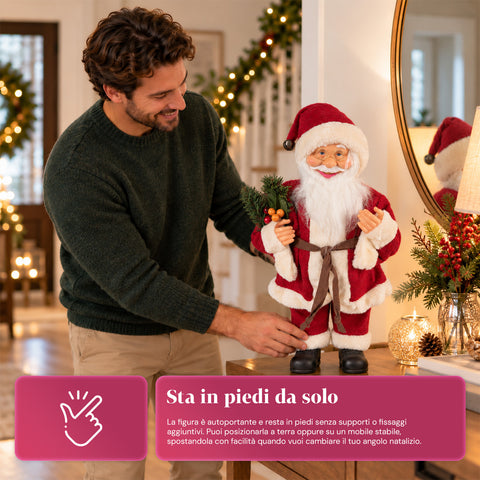 Decoratieve kerstman van 60 cm met dennentak en kerstversieringen – gedetailleerd kerstbeeld in 4 varianten: rood, eskimo, wit, grijs