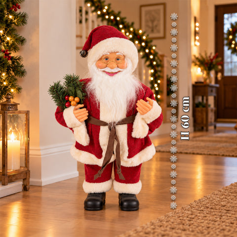 Decoratieve kerstman van 60 cm met dennentak en kerstversieringen – gedetailleerd kerstbeeld in 4 varianten: rood, eskimo, wit, grijs