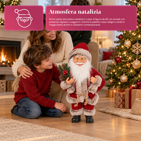 Decoratieve kerstman van 60 cm met dennentak en kerstversieringen – gedetailleerd kerstbeeld in 4 varianten: rood, eskimo, wit, grijs