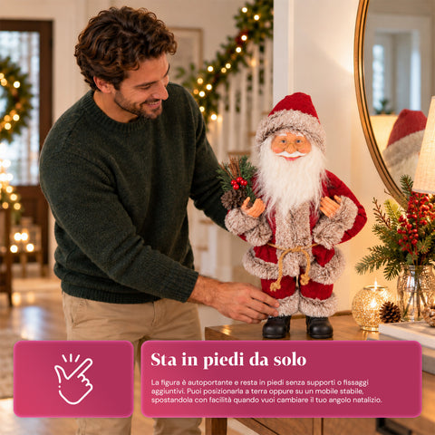 Decoratieve kerstman van 60 cm met dennentak en kerstversieringen – gedetailleerd kerstbeeld in 4 varianten: rood, eskimo, wit, grijs