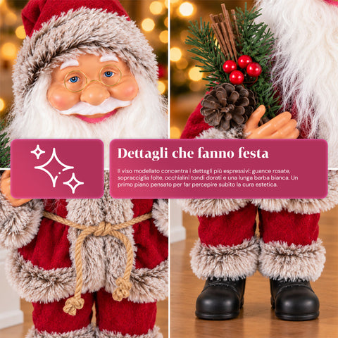 Decoratieve kerstman van 60 cm met dennentak en kerstversieringen – gedetailleerd kerstbeeld in 4 varianten: rood, eskimo, wit, grijs