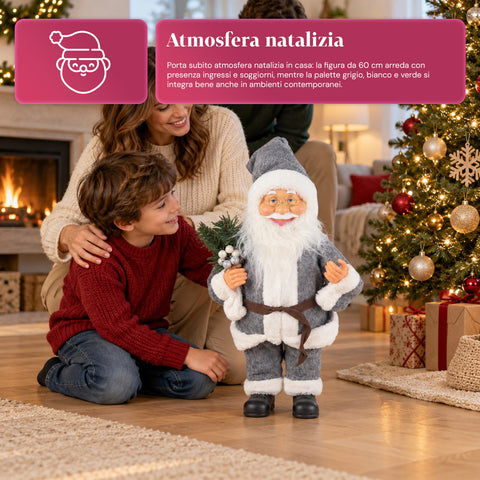 Decoratieve kerstman van 60 cm met dennentak en kerstversieringen – gedetailleerd kerstbeeld in 4 varianten: rood, eskimo, wit, grijs