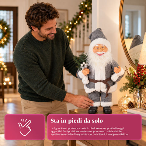 Decoratieve kerstman van 60 cm met dennentak en kerstversieringen – gedetailleerd kerstbeeld in 4 varianten: rood, eskimo, wit, grijs