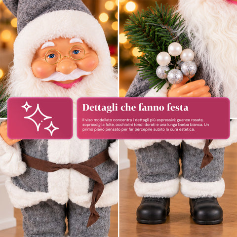 Decoratieve kerstman van 60 cm met dennentak en kerstversieringen – gedetailleerd kerstbeeld in 4 varianten: rood, eskimo, wit, grijs