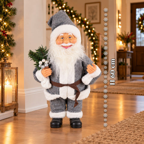 Decoratieve kerstman van 60 cm met dennentak en kerstversieringen – gedetailleerd kerstbeeld in 4 varianten: rood, eskimo, wit, grijs