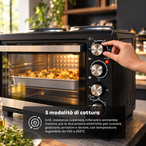 Elektrische oven van 40 l met dubbele elektrische plaat, grill, 5 kookstanden, timer van 120 minuten, 100-250 °C en deur met dubbel glas