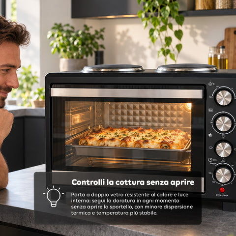 Elektrische oven van 40 l met dubbele elektrische plaat, grill, 5 kookstanden, timer van 120 minuten, 100-250 °C en deur met dubbel glas