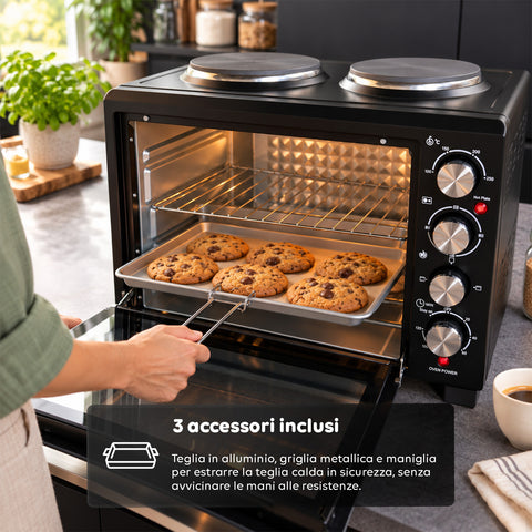Elektrische oven van 40 l met dubbele elektrische plaat, grill, 5 kookstanden, timer van 120 minuten, 100-250 °C en deur met dubbel glas