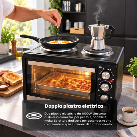 Elektrische oven van 40 l met dubbele elektrische plaat, grill, 5 kookstanden, timer van 120 minuten, 100-250 °C en deur met dubbel glas