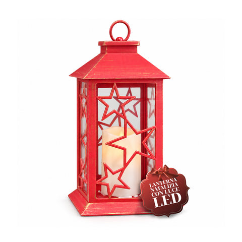 Lanterne de Noël rouge à LED de 30 cm, cire avec effet de flamme, à suspendre ou à poser, 14x14x30 cm, 2 décorations disponibles : étoiles ou flocons de neige
