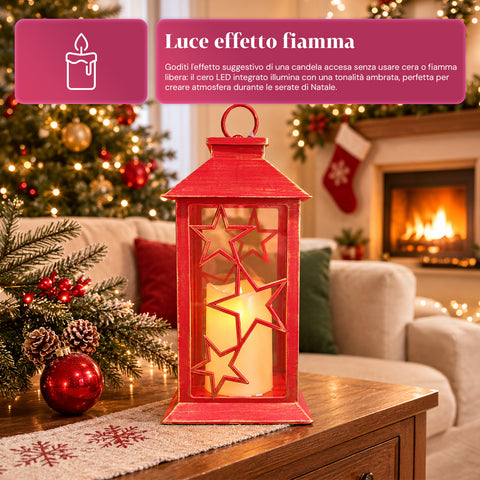 Lanterne de Noël rouge à LED de 30 cm, cire avec effet de flamme, à suspendre ou à poser, 14x14x30 cm, 2 décorations disponibles : étoiles ou flocons de neige