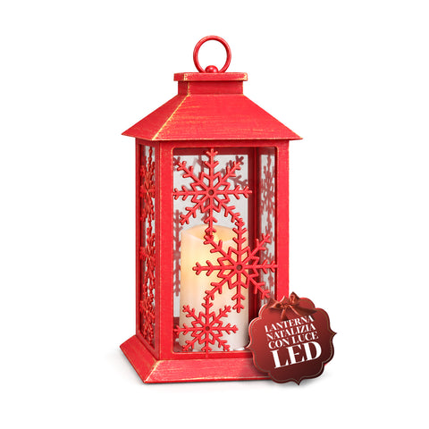 Lanterne de Noël rouge à LED de 30 cm, cire avec effet de flamme, à suspendre ou à poser, 14x14x30 cm, 2 décorations disponibles : étoiles ou flocons de neige