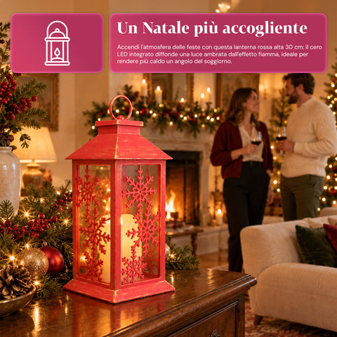 Lanterne de Noël rouge à LED de 30 cm, cire avec effet de flamme, à suspendre ou à poser, 14x14x30 cm, 2 décorations disponibles : étoiles ou flocons de neige