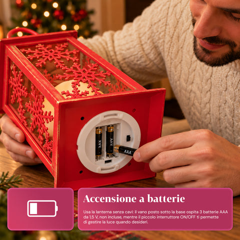 Lanterne de Noël rouge à LED de 30 cm, cire avec effet de flamme, à suspendre ou à poser, 14x14x30 cm, 2 décorations disponibles : étoiles ou flocons de neige