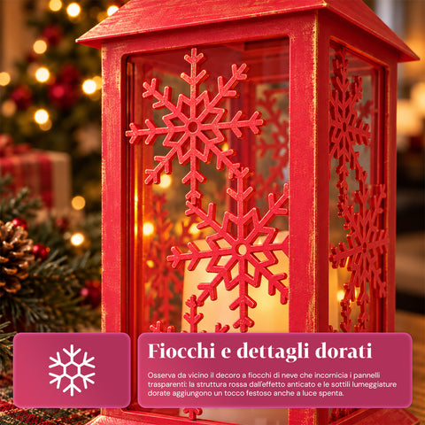 Lanterne de Noël rouge à LED de 30 cm, cire avec effet de flamme, à suspendre ou à poser, 14x14x30 cm, 2 décorations disponibles : étoiles ou flocons de neige