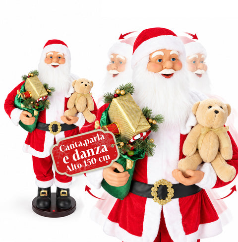 Dansende kerstman van 150 cm met muziek, zang en beweging - Kerstdecoratie voor binnen met knop, voet van 38 cm, rood